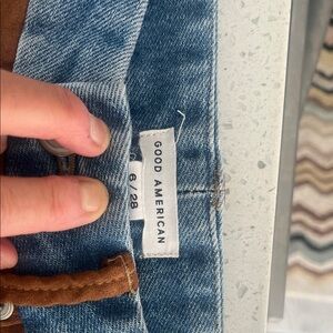 Good American Light Blue Denim Jeans with suede front. 
No flaws. Non stretch WB